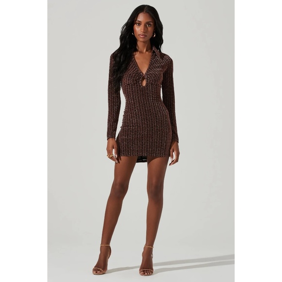 ASTR The Label - Nia Copper Metallic Houndstooth Mini Dress | Small |NWOT / New - Picture 1 of 8